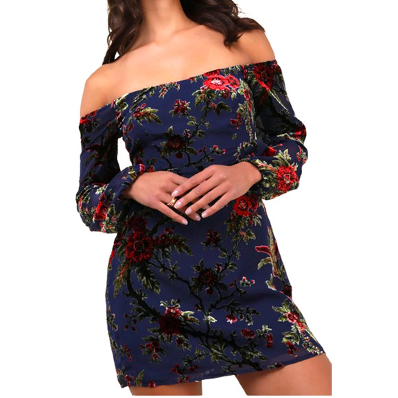 Lulus Magnificent Charm Navy Floral Burnout Velvet Off-the-Shoulder Dress Siz XL - Picture 10 of 12